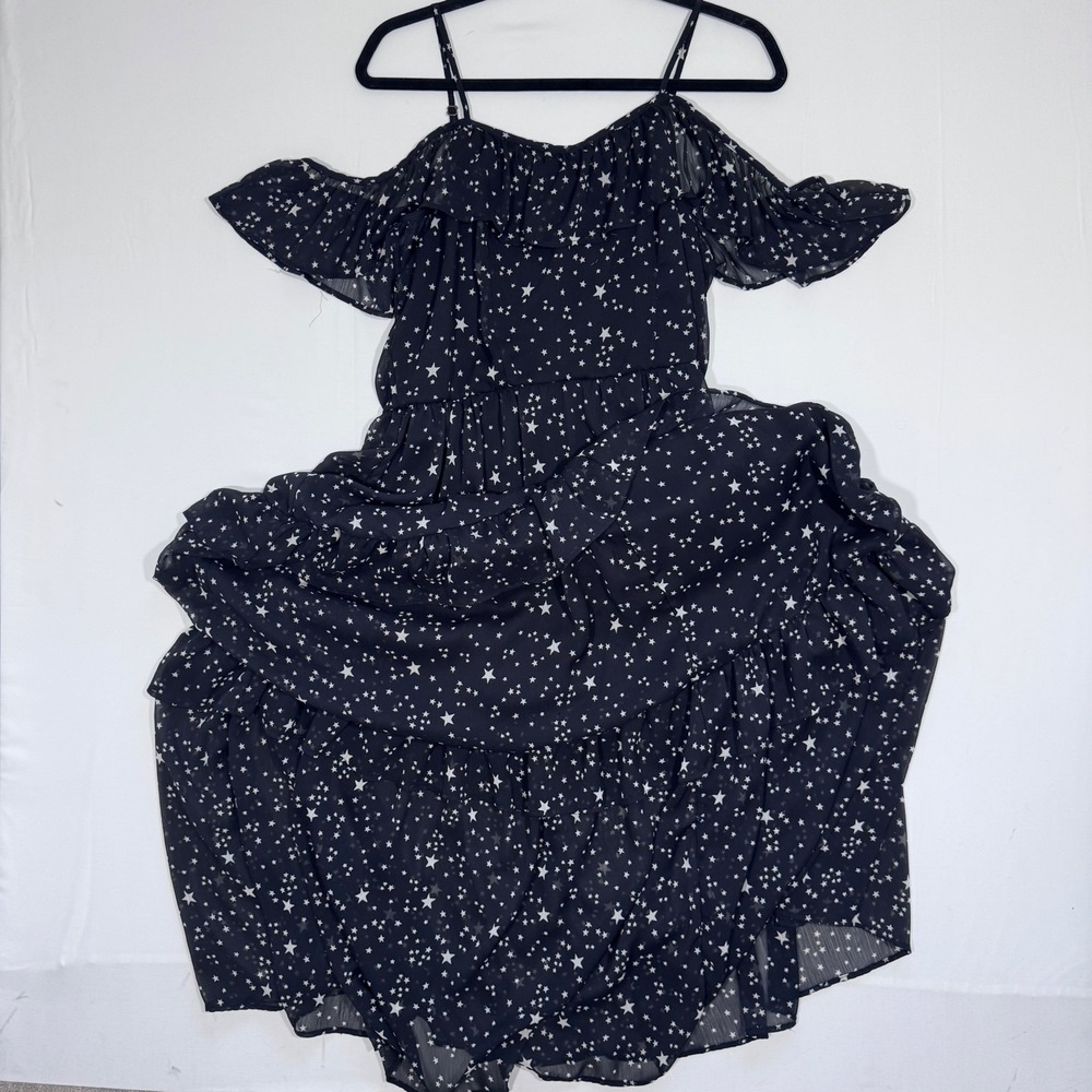 Cold Shoulder Maxi Dress Star Print Ruffle Tiered Black White Women L Whimsigoth - Picture 2 of 8